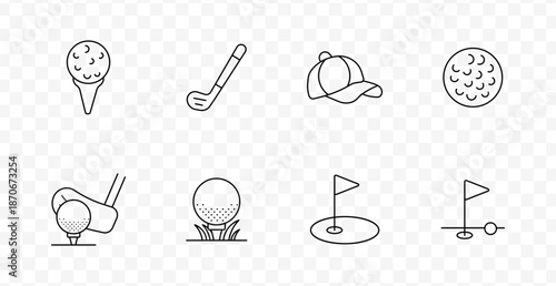 Golf set icon. Line icons showing golf tee with ball, club, cap, ball, clubs in swing, grass tee, hole with flag, and ball near flagstick