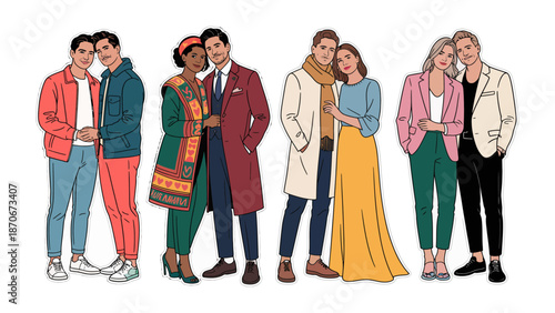 Embracing Love and Connection: A vibrant illustration showcasing diverse couples embracing in moments of intimacy, capturing the essence of togetherness and affection.