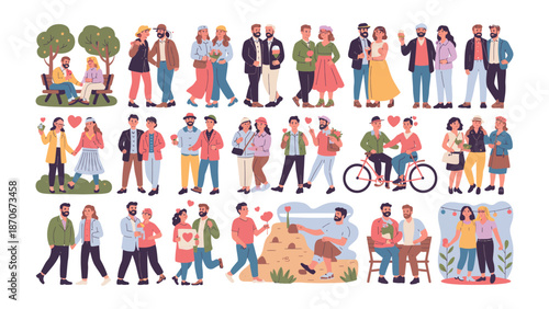 Moments of Affection: A visual symphony of diverse couples, joyfully engaged in shared experiences, symbolizing the beauty and depth of human connection.