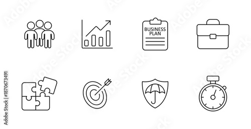 Business management set icon. Team, chart, briefcase, plan, puzzle, goal, umbrella, stopwatch, protection, success, strategy, growth, company