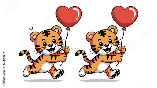 Tiger cubs' Valentine's Day Delight: Adorable tiger cubs spread love with heart-shaped balloons, symbolizing affection and joy. Capturing the spirit of a heartwarming Valentine's Day