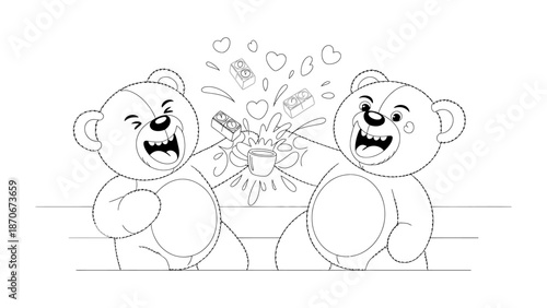 Cheers with Joy: Two cartoon bears joyfully clink their cups together. A joyful celebration, perfect for conveying togetherness and friendship