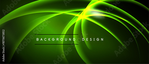 Bright green neon waves radiate from central point. Dark background emphasizes luminous curves, creating dynamic visual effect.