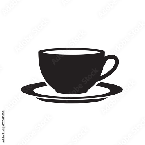 Minimalist silhouette of a black cup resting on a saucer, centered on a plain white background.