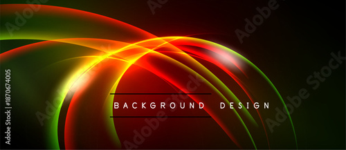 Bright abstract lines create dynamic background. Red, green, yellow hues blend, forming curved shapes. Text reads background design.