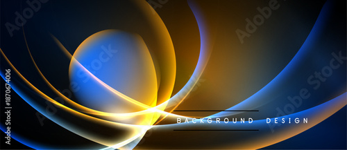 Abstract neon lines create dynamic curves. Blue, orange, yellow hues blend. Background design suggests energy, movement, modern aesthetic.