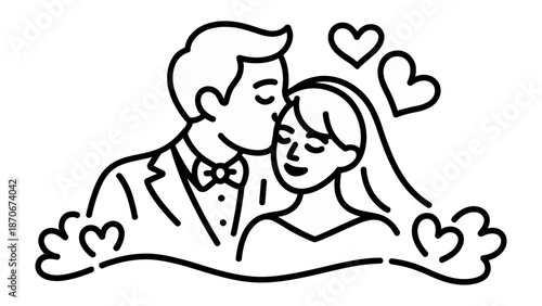 Eternal Bonds: An illustration of a tender moment as a groom kisses his bride's forehead, surrounded by symbols of love and happiness, representing a wedding or engagement.