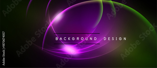 Abstract design features flowing curves, vibrant purple hues, green gradients. Dark background emphasizes luminous shapes, creating modern aesthetic.