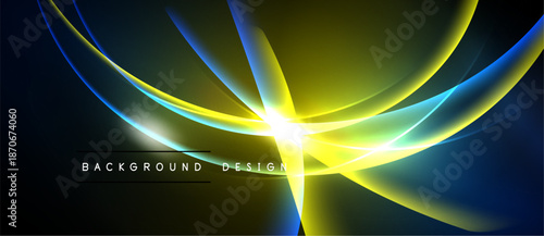 Abstract design features vibrant curves, radiating light. Dark background emphasizes bright yellow, blue hues. Modern, dynamic composition.