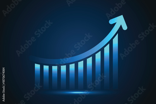 Blue Financial Growth Chart with Upward Arrow on Dark Background. Modern Analytics Growth Graph for Finance and Marketing