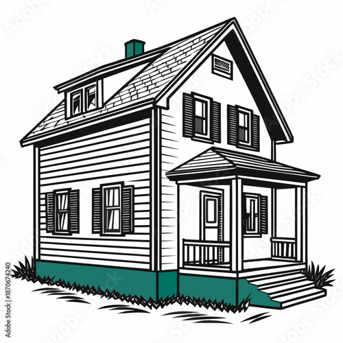 A detailed line drawing shows a classic American clapboard house with dark shutters and a small covered entry porch on a patch of grass.