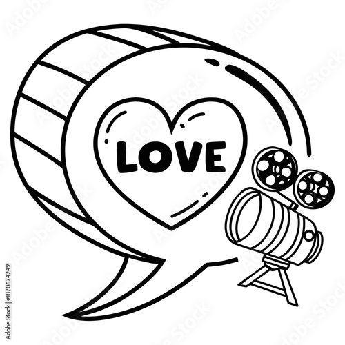Black and white outline drawing featuring a classic film projector next to a speech bubble containing a heart shape with the word love written inside.