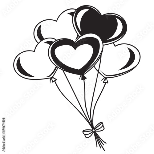A charming black and white illustration depicting a tightly held bunch of five heart shaped balloons tied together with a delicate festive bow, perfect for romance.