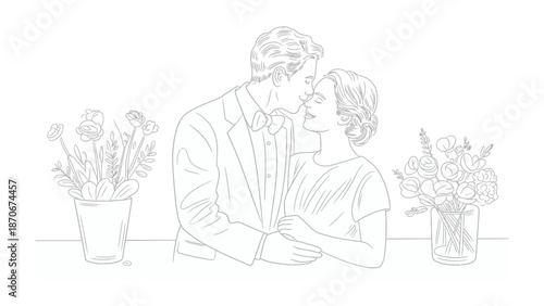 Eternal Embrace: A tender moment captured, where a couple shares an intimate embrace, their silhouettes framed by the gentle presence of flowers.