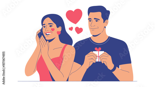 Romantic gift and gesture: An illustrated scene of a man gifting a present to a woman. Hearts floating in air show the feeling of love between them. 