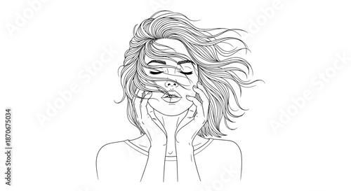 Woman with flowing hair and closed eyes touching face, line art style