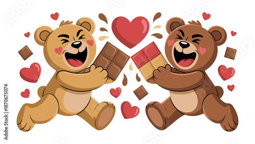 Chocolaty Affection: Two endearing teddy bears revel in a moment of shared sweetness, surrounded by symbols of affection, chocolate delights.