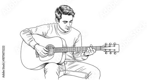 Man playing acoustic guitar while sitting, line art style