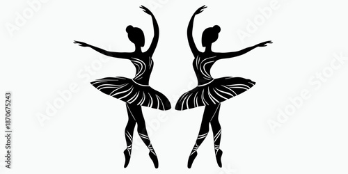 Two ballet dancers performing in elegant poses with tutus  