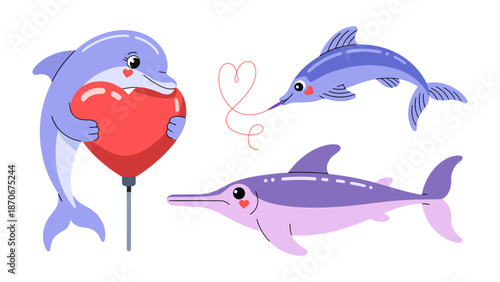 Dolphin Love: Playful dolphins playfully express affection, one joyfully holds a heart-shaped balloon, and others show affection. A heartwarming display of love and joy.