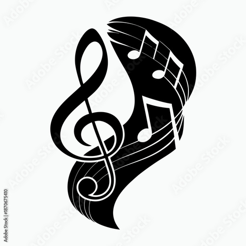 Musical notes and treble clef in abstract black design  