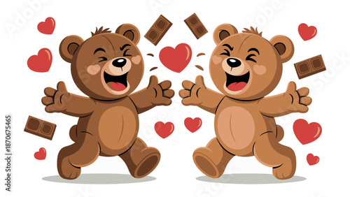 Bear's Valentine's Day: Two cheerful teddy bears celebrate Valentine's Day amidst floating hearts and chocolate, sharing a sweet moment of affection and joy.