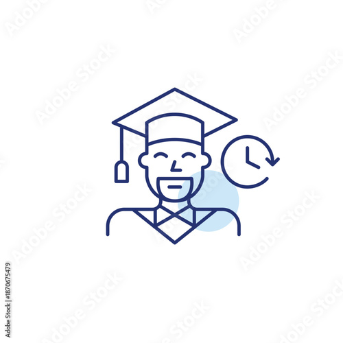 Man wearing graduation hat and clock. University learning, higher education degrees. Pixel perfect, editable stroke vector icon