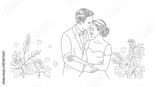 Eternal Embrace: A tender moment of love and commitment is captured in a sketch. The couple, entwined in an embrace, shares a moment of intimacy and warmth. Surrounding the couple.