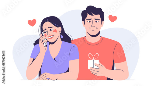 Gift of Affection: A touching illustration of a man presenting a wrapped gift to a woman, capturing a moment of affection, joy, and heartfelt connection, symbolized by floating hearts.