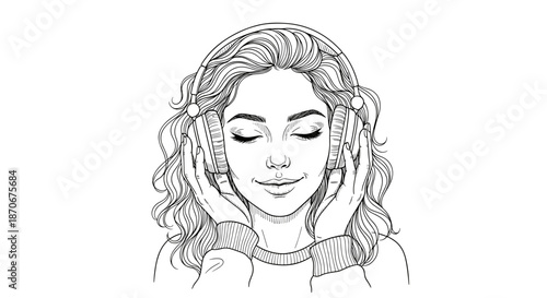 Woman enjoying music with closed eyes and headphones, line art style