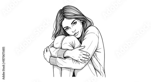 Woman hugging knees while sitting, thoughtful look, line art style