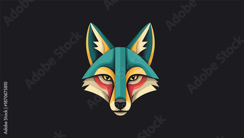 Artistic fox head illustration with vibrant colors and geometric design on dark background.