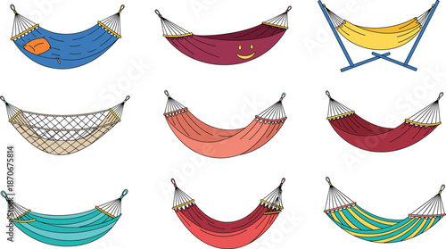 Hammock vector illustration set with colorful hanging hammocks, outdoor relaxation furniture, and leisure camping elements isolated