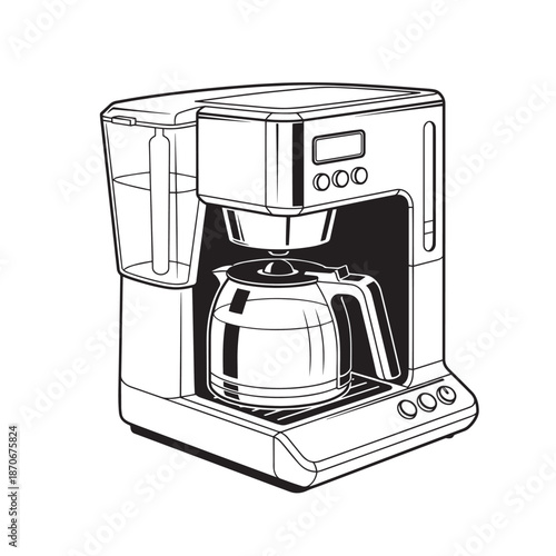 Illustrated coffee maker appliance with glass carafe and control panel on a kitchen counter.