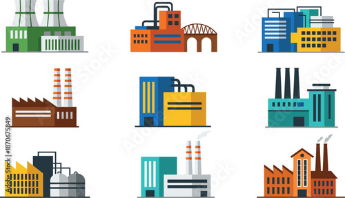 Industrial factory buildings vector illustration set with power plants, manufacturing facilities, and urban industry structures isolated