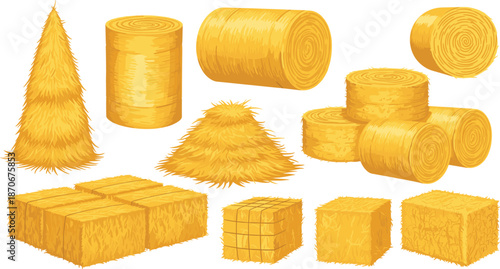 Hay bales vector illustration set with straw stacks, rolls, bundles, and farm harvest elements isolated on white
