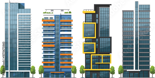 Modern skyscraper and high-rise building collection featuring contemporary architecture, glass facades, balconies, and urban city design elements