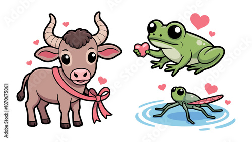 Love Animal Cartoon Trio: A collection of adorable animal cartoons, including a friendly ox, a charming frog, and a cute insect. They are all expressing love with hearts. 
