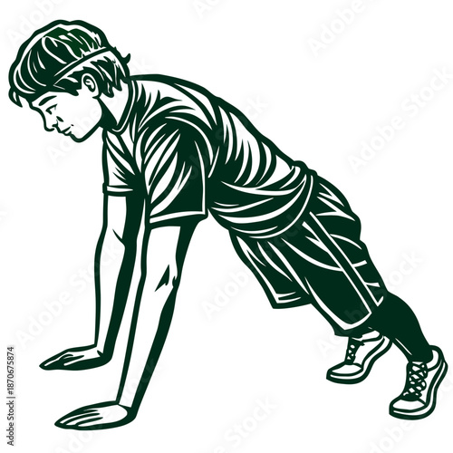 Young man holding a rigid plank position during a strenuous body conditioning routine using only his hands and feet.