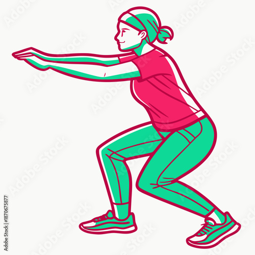 Female figure executing a deep squat movement with arms stretched forward, depicted in a two-tone graphic style.