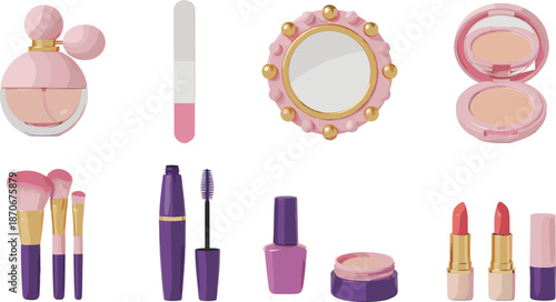 Makeup and cosmetics vector illustration set with perfume, lipstick, mascara, brushes, mirror, and beauty products isolated