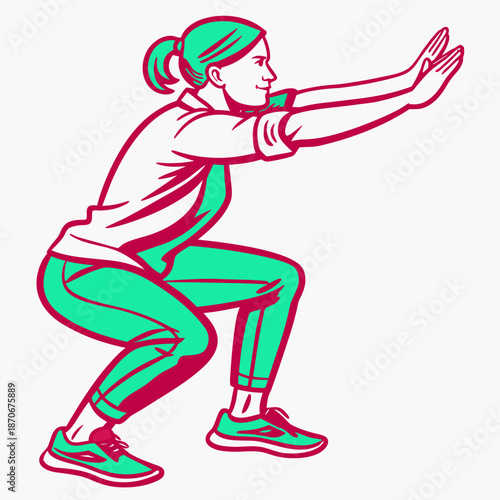 Woman performs a bodyweight squat exercise while extending her arms forward for balance against a white background.