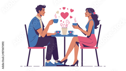Date Night Coffee: A romantic date unfolds as a couple sips coffee together, with hearts symbolizing their connection and affection. The scene depicts the essence of love and connection.