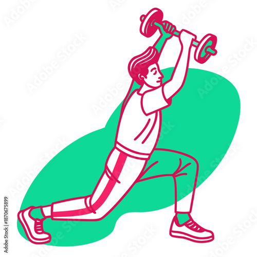 Man performs a dumbbell lunge exercise while holding weights overhead in a dynamic fitness pose.