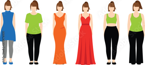Women clothing vector illustration set with casual outfits, dresses, pants, and modern fashion styles isolated on white