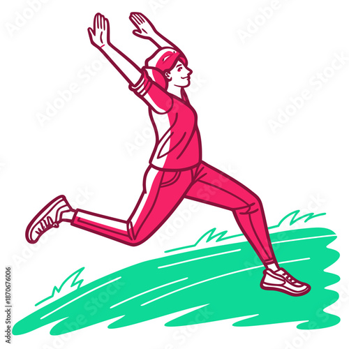 Athletic woman jumps dynamically with arms raised high above her head in a stylized graphic representation of movement.