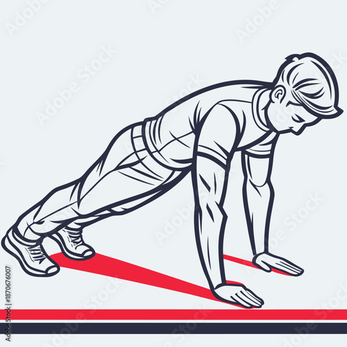 Man performs a standard push-up exercise demonstrating strength training in a line art style.