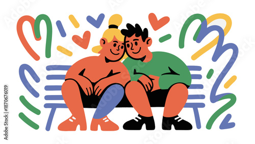 Sweethearts on Bench: A tender illustration depicts a couple, sharing a sweet moment on a bench, surrounded by symbols of affection, perfect for representing togetherness.