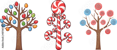 Candy tree vector illustration set with colorful sweets, lollipops, candy canes, and whimsical dessert fantasy elements isolated