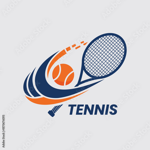 A Flat Minimalist Tennis Logo Featuring a Racket and Ball, Ideal for Professional Clubs, Championship Teams, Athletes, and Editable Vector Design